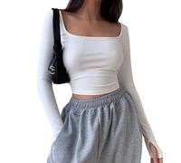 XFSRG Manche Longue Chemisier Femme Col Carrée Slim Y2K Top Basiques Chic et Elegant T Shirt Décontracté(Blanc/L)