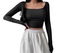 XFSRG Manche Longue Chemisier Femme Col Carrée Slim Y2K Top Basiques Chic et Elegant T Shirt Décontracté(Noir/L)