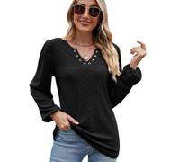 XFSRG Manches Longues pour Femmes T Shirt col V Bouton Blouses à Manches Longues Haut Automne Casual Tops Couleur Unie Ample Manche Longue(Noir L)