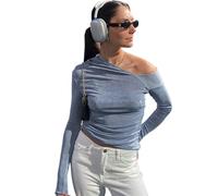 XFSRG Manches Longues T-Shirt Femme sans Bretelles Haut Sexy Chic Manches Longues Y2K Mode Vintage Crop Tops Slim Fit pour Tous Les Jours Fête Rencontres Voyage(Bleu XL)