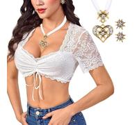 XFSRG Mode Blouse Femme Ete Dentelle Chic Dirndl Bluse Haut Court Sexy Chemisier Femme Manche Courte Vetement Elegant pour Soirée et Quotidien(Blanc,L)