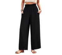 XFSRG Pantalon Femme Décontracté Taille Haute Couleur Unie Pantalon Large Trousers Casual Larges Plissé Élastique Volants Mode Pantsavec Poches (Noir S)