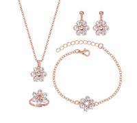 XFSRG Parure Bijoux Fantaisie Femme Argent Cristal Ensemble Bijoux Mariage Collier Bracelet Boucles d'Oreilles Bague Élégant et Brillant (Or rose, 4 pièces)