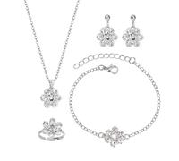XFSRG Parure Bijoux Fantaisie Femme Argent Cristal Ensemble Bijoux Mariage Collier Bracelet Boucles d'Oreilles Bague Élégant et Brillant (Argent, 4 pièces)