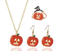 XFSRG Parure Bijoux Fantaisie Femme Halloween Citrouille Ensemble Collier Boucles d'Oreilles Bague Bijoux Mariage Fête