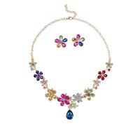 XFSRG Parure Bijoux Femme Collier avec Pendentif en Forme de Goutte et Boucles d Oreilles Motif Floral en Strass Cristal Réglable Idéale pour Mariages et Soirées (Multicolore)