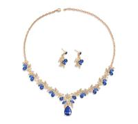 XFSRG Parure bijoux femme collier doré orné de cristaux étincelants et boucles d’oreilles assorties, idéale pour mariage, soirée élégante, cadeau d’anniversaire ou fête (Bleu Doré)
