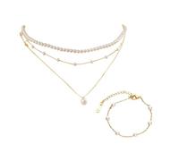 XFSRG Parure Bijoux Femme Collier Multi-Couches Perles et Bracelet Assorti Titane Plaqué Or 14K Hypoallergénique Élégant pour Looks Festifs et Casual (Or-1)