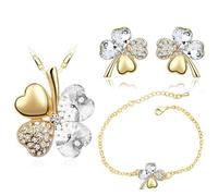 XFSRG Parure Bijoux Femme Collier Trèfle à Quatre Feuilles avec Pendentif en Cristal Boucles d’Oreilles et Bracelet pour Mariages et Soirées (Or)