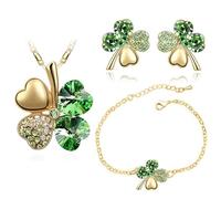 XFSRG Parure Bijoux Femme Collier Trèfle à Quatre Feuilles avec Pendentif en Cristal Boucles d’Oreilles et Bracelet pour Mariages et Soirées (Vert-1)