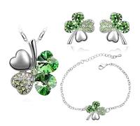XFSRG Parure Bijoux Femme Collier Trèfle à Quatre Feuilles avec Pendentif en Cristal Boucles d’Oreilles et Bracelet pour Mariages et Soirées (Vert-2)