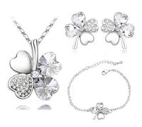 XFSRG Parure Bijoux Femme Collier Trèfle à Quatre Feuilles avec Pendentif en Cristal Boucles d’Oreilles et Bracelet pour Mariages et Soirées (Argent)