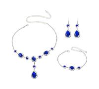 XFSRG Parure Bijoux Femme de Luxe en Strass avec Collier Y Boucles Goutte et Bracelet Ornés de Strass Brillants - Parures de Bijoux pour Mariage Cérémonie et Soirée (Bleu)