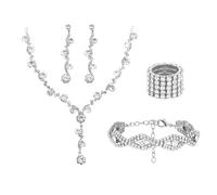 XFSRG Parure Bijoux Femme Ensemble Collier Boucles d'Oreilles Bracelet Bague Strass Doré Élégant Bijoux Fantaisie Mariage Soirée (Argent, 4 pièces)