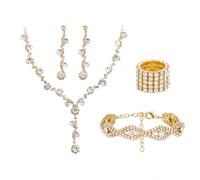 XFSRG Parure Bijoux Femme Ensemble Collier Boucles d'Oreilles Bracelet Bague Strass Doré Élégant Bijoux Fantaisie Mariage Soirée (Or, 4 pièces)