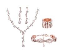 XFSRG Parure Bijoux Femme Ensemble Collier Boucles d'Oreilles Bracelet Bague Strass Doré Élégant Bijoux Fantaisie Mariage Soirée (Or rose, 4 pièces)