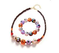 XFSRG Parure Bijoux Femme Halloween Gothique Ensemble Collier et Bracelet Vintage Motifs Citrouille et Chauve Souris Accessoires Elégants pour Fête d'Halloween (11+12)
