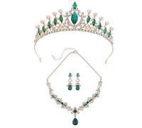 XFSRG Parure Bijoux Femme Mariage Élégante Ensemble Collier Boucles d'Oreilles et Tiare avec Cristaux et Perles Accessoires de Mode pour Soirée et Cérémonie (Vert)