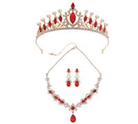 XFSRG Parure Bijoux Femme Mariage Élégante Ensemble Collier Boucles d'Oreilles et Tiare avec Cristaux et Perles Accessoires de Mode pour Soirée et Cérémonie (Rouge)