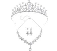 XFSRG Parure Bijoux Femme Mariage Élégante Ensemble Collier Boucles d'Oreilles et Tiare avec Cristaux et Perles Accessoires de Mode pour Soirée et Cérémonie (Argent)