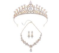 XFSRG Parure Bijoux Femme Mariage Élégante Ensemble Collier Boucles d'Oreilles et Tiare avec Cristaux et Perles Accessoires de Mode pour Soirée et Cérémonie (Or)