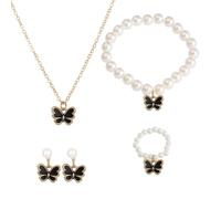 XFSRG Parure Bijoux Femme Papillon Noir et Perles Collier Fantaisie Boucles d'Oreilles Bracelet et Bague Ensemble Bijoux Mariage et Soirée