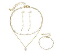 XFSRG Parure Bijoux Femme Perle Collier Bracelet Boucles d'Oreilles Set Chaîne Double Rang Pendentif Élégant Parures Pour Femme Accessoires Mode Cadeau Anniversaire Mariage (D)