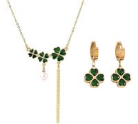 XFSRG Parure Bijoux Femme Trèfle à Quatre Feuilles Collier et Boucles d'Oreilles Plaqué Or Parures Pour Femme Ensemble Bijoux Perle Naturelle Pendentif Porte-Bonheur Cadeau