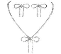 XFSRG Parure Bijoux Femme Vintage - Collier et Boucles d’Oreilles avec Strass et Nœud Style Élégant Idéal pour Mariages et Soirées (Argenté)