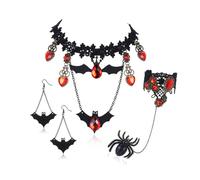 XFSRG Parure Bijoux Gothique Ensemble de Bijoux Fantaisie Femme Collier Choker Dentelle Noire Boucles Oreilles Chauve-Souris Bracelet Style Vintage Halloween