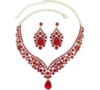 XFSRG Parure Bijoux Mariage Collier en V Boucles D’oreilles Goutte Parure de Mariée Bijoux de Mariée Collier Boucles D’oreilles pour Cérémonie Soirée Bal (Rouge)