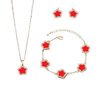 XFSRG Parures de Bijoux Élégantes pour Femmes Collier Bracelet et Boucles d'Oreilles en Cuivre avec Fleurs Idéal pour Toutes Occasions (Rouge)