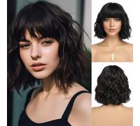 XFSRG Perruque Bob avec Frange pour Femmes Bob Perruques Naturelle Courtes et Ondulés Cheveux Synthétiques Cosplay Utilisation Quotidienne pour La Fête 35 cm (Noir)
