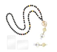 XFSRG Porte Badge avec Perles en Bois et Cordon Lanyard Élégant pour Femmes Porte Carte Transparent avec Chaînes et Lanière Accessoire de Bureau Chic et Pratique (Noir)