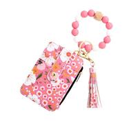 XFSRG Portefeuille Bohème en Perles Porte-clés à Pompons avec 4 Fentes Porte-Cartes de Crédit Imprimé Floral Pochette à Monnaie (Rose)