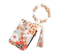 XFSRG Portefeuille Bohème en Perles Porte-clés à Pompons avec 4 Fentes Porte-Cartes de Crédit Imprimé Floral Pochette à Monnaie (Kaki)