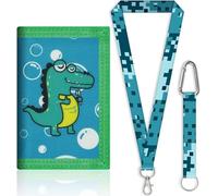 XFSRG Portefeuille Enfant Dinosaure Toile Pliable Trois Volets avec Cordon Mousqueton Motif Cartoon Bleu Vert