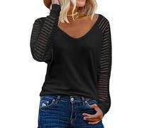 XFSRG Rayées Manche Longue Chemisier Femme Col V Chic et Elegant Blouses Tunique Haut T Shirt Ample Top Automne Hiver(Noir/L)
