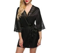 XFSRG Robe de Chambre Femme Peignoir Satin Kimono Dentelle Manches 34 Chemise de Nuit Élégante Vêtement de Nuit Confortable Ceinture Ajustable Pyjama Doux