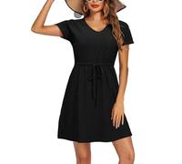 XFSRG Robe de Plage Femme Courte Manches Col en V Bikini Cover Up d'Été Plage A Line Robe de Bain Beachwear(Noir/L)