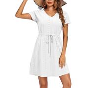 XFSRG Robe de Plage Femme Courte Manches Col en V Bikini Cover Up d'Été Plage A Line Robe de Bain Beachwear(Blanc/L)