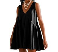 XFSRG Robe Été Femme Col V Mini Décontractée de Plage avec Poches sans Manches Plissée Courte Ample Robe Femme Évasée Décontractée pour Vacances Loisirs (Noir XL)