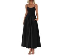 XFSRG Robe Femme à Bretelles Spaghetti Ajustables Sexy sans Manches d'Été Longue Ourlet Volanté Robes avec Poches pour Soirée Cocktail Party(Noir/L)