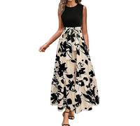 XFSRG Robe Femme à Fleurs d'Été Col Rond sans Manches Midi Longue Plage Décontractée A Line Robes pour Soirée Party(Noir/L)