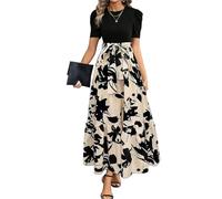 XFSRG Robe Femme à Fleurs Manches Courtes Col Rond d'Été Bodycon Chic et Élégante Boho Longue Casual Vacances Robes de Plage(Beige/L)