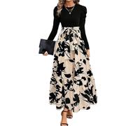 XFSRG Robe Femme à Fleurs Manches Longues Col Rond Bodycon Chic et Élégante Boho Longue Casual Vacances Robes de Plage(Beige/Manches Longues-M)