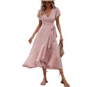 XFSRG Robe Femme à Floral d'Été Manches Courtes Col en V Élégante Longue Bohème Robes de Plage Décontractée(Rose/XL)