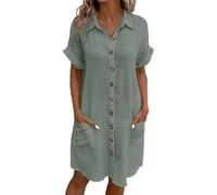 XFSRG Robe Femme en Coton et Lin Manches Courtes Col en V Boutonnée Elegant d'Été Bohème Décontractée Midi Robes avec Poches(Vert/L)