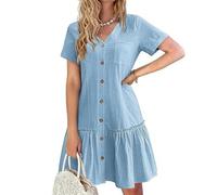 XFSRG Robe Femme en Coton et Lin Sexy Col en V Manches Courtes Bohème Boutonnée Elegant d'Été Décontractée Midi Robes avec Poches(Bleu/L)