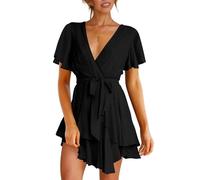 XFSRG Robe Femme Manches Courtes Col en V à Ourlet Volanté Élégant Chic Courte Bodycon Sexy Mini Robes de Soirée Cocktail Party(Noir/S)